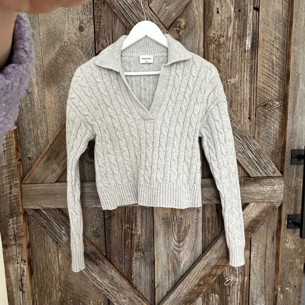 ARITZIA SUNDAY BEST GRAY WOOL BLEND GRAY CABLE  POLO SWEATER WOMENS XS